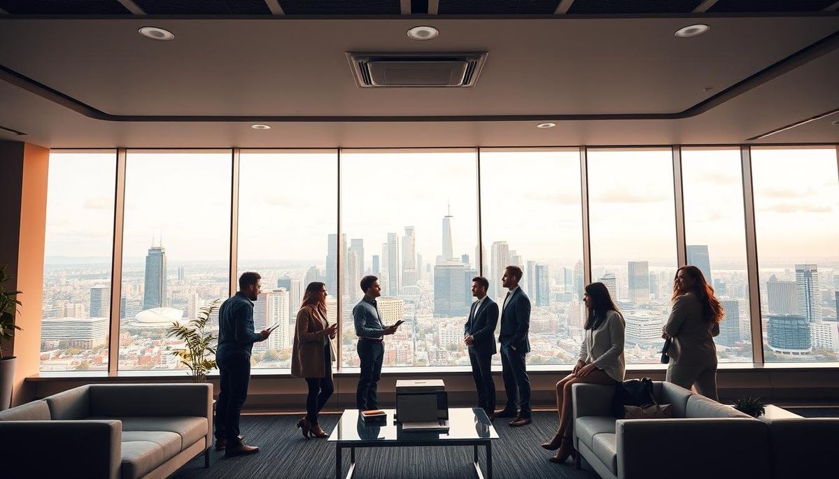 Professionals discussing business priorities in a modern office